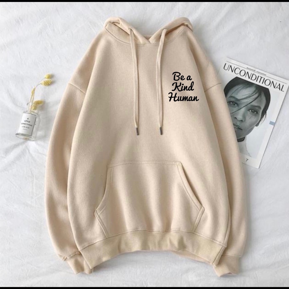 NEW Oversized Hoodies Be a kind human Tan Black - Picture 2 of 4